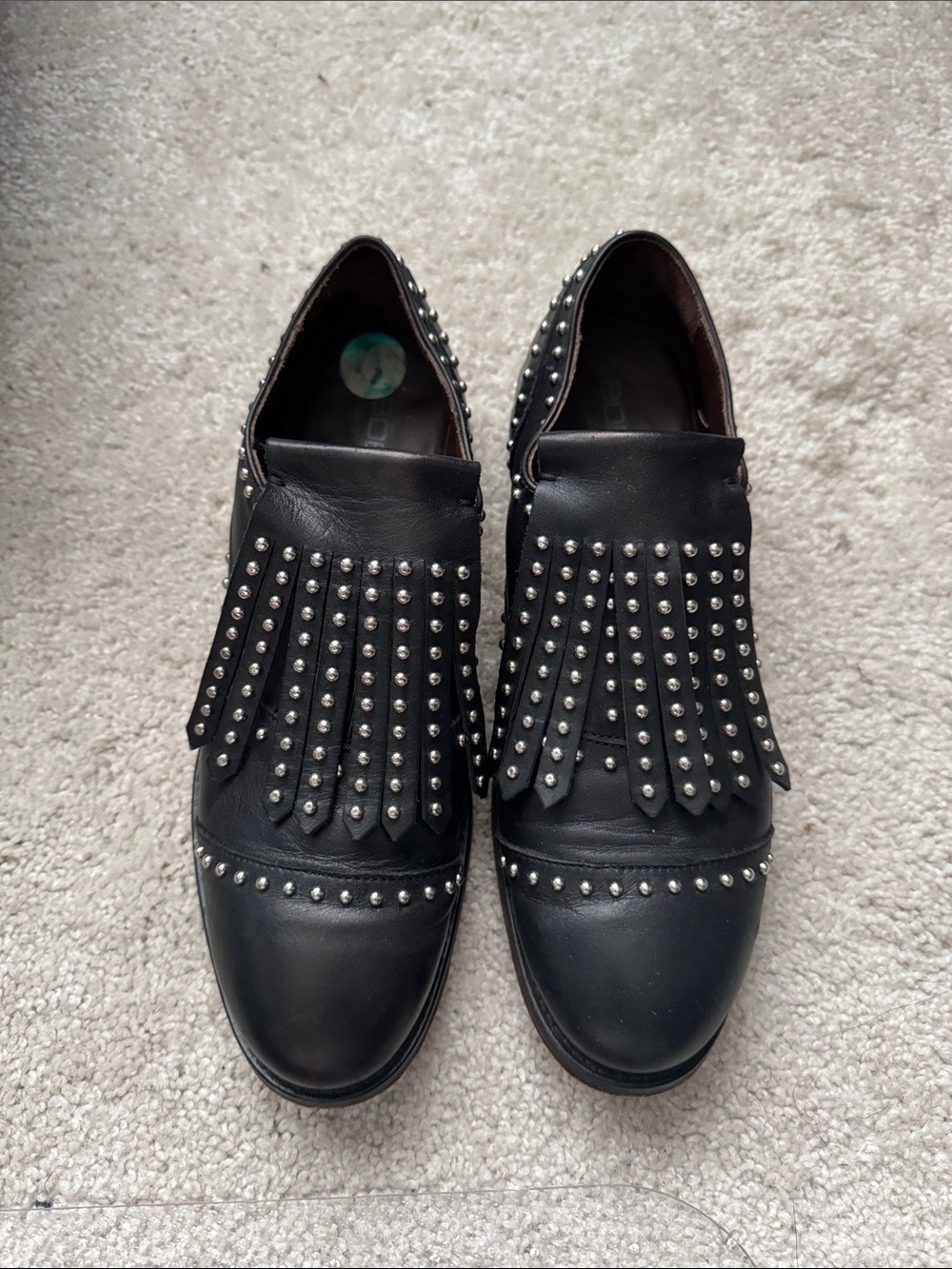 Black Studded Fringe Leather Loafers for Women
